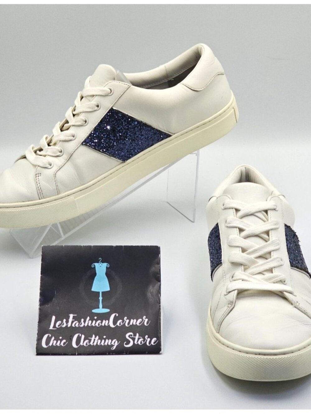 Tory Burch Women's White Leather Blue Glitter Carter Flat Sneakers Sz 11M 2661